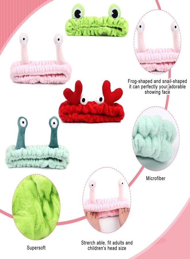 HIKIMA 4 Pack Face Wash Headband Facial Makeup Skincare Headbands, Elastic Coral Fleece Spa Hairband for Washing Face, Cartoon Fun Frog Snail Crab Hair Accessories - Image 3
